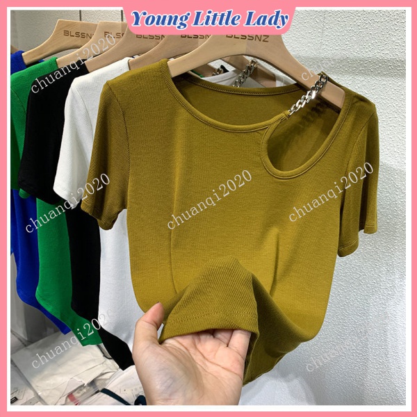 Irregular Klein Blue Short-Sleeved T-shirt Women's Design Sense Niche New Style Short Summer Collarbone Hollow Top Fashion