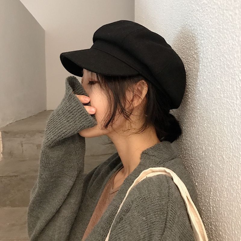 Mũ Len Female Korean Solid Color Warm Octagonal Hat