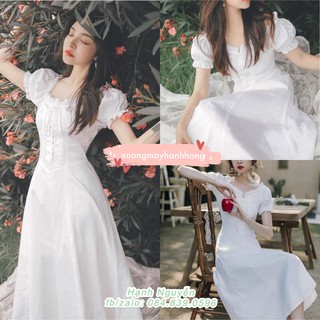 Váy trắng cổ bèo dây đan chéo, Váy maxi đuôi cá Ulzzang