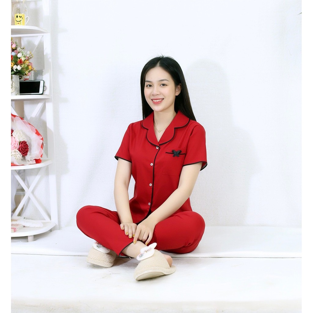 Bộ đồ bộ Pijama nữ P5 ĐỎ tay ngắn quần dài họa tiết Nơ Túi dễ thương đơn giản