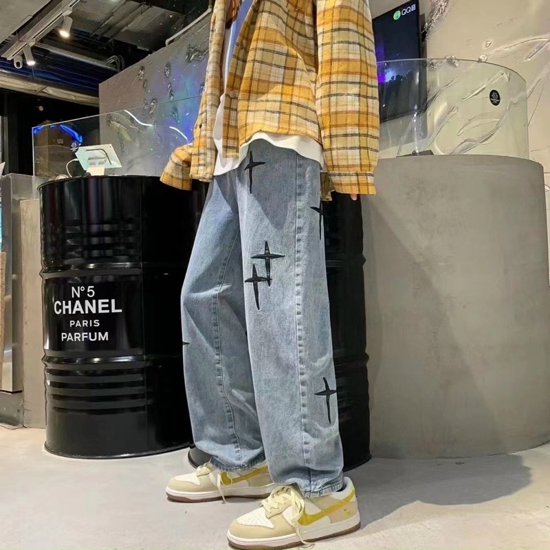 Quần Jeans chữ thập Nam phong cách Hàn Quốc Streetwear cá tính