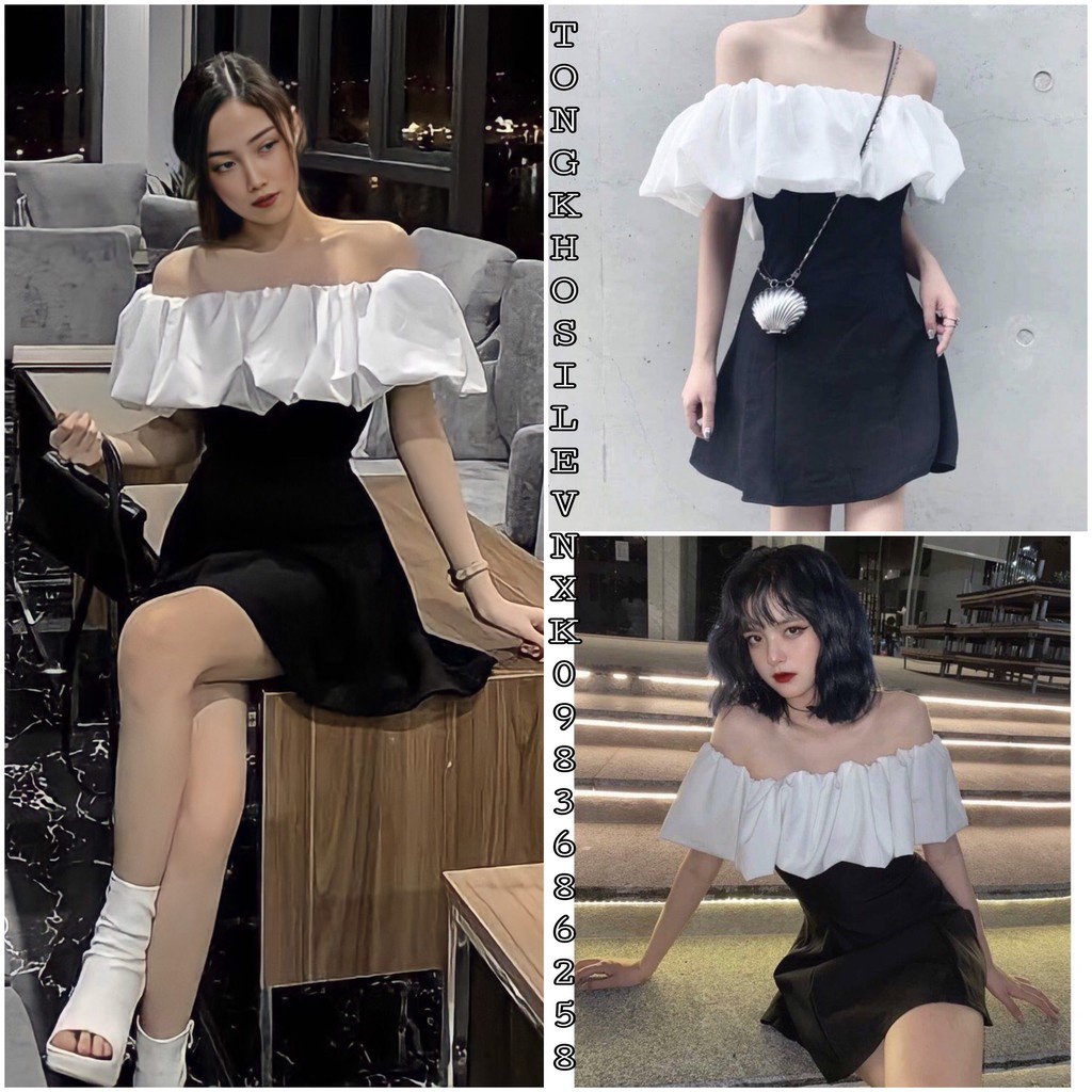 ĐẦM ANGELA TRỄ VAI PHỐI MÀU TRẮNG ĐEN - Váy Nữ Trễ Vai Bèo Trắng - ĐẦM ĐEN XOÈ BỆT VAI