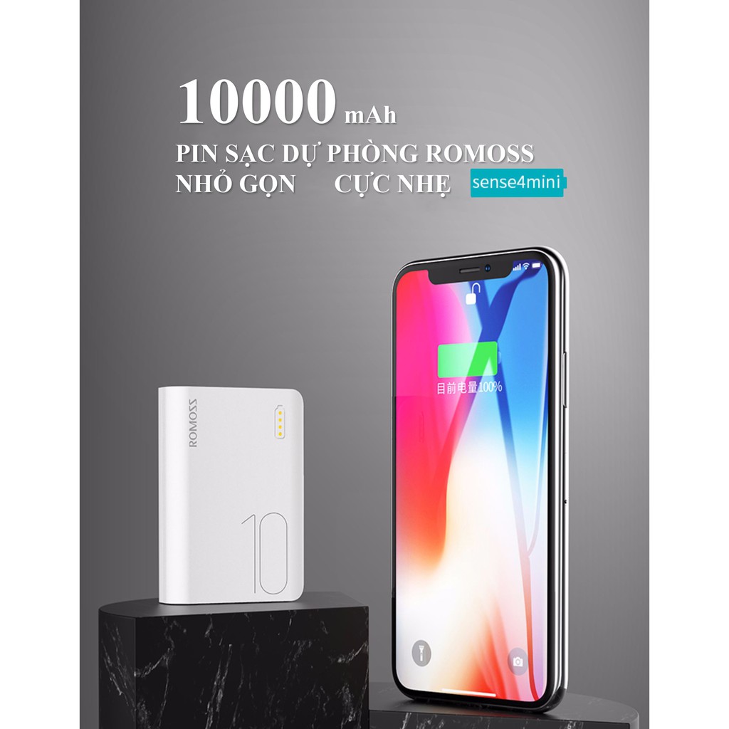 [BẢO HÀNH 1 ĐỔI 1 ]Pin sạc dự phòng 10000mAh Romoss sense 4 mini nhỏ gọn cực mỏng dễ dàng bỏ túi 2 cổng USB 3 cổng sạc