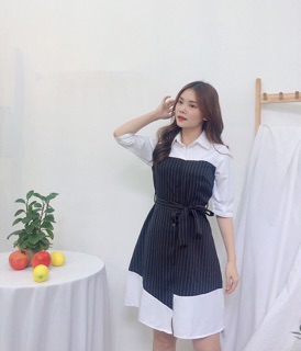 Đầm sơmi trắng phối sọc