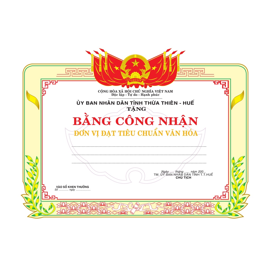 Giấy khen công nhận đơn vị đạt chuẩn văn hoá, giấy in rẻ, bền đẹp, có ép plastic