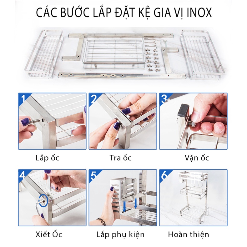 Kệ Gia Vị Inox 304 2 - 3 Tầng Nhà Bếp, Kệ để đồ nhà bếp đa năng, Siêu Bền Gọn Gàng Không Gian Bếp MKS006