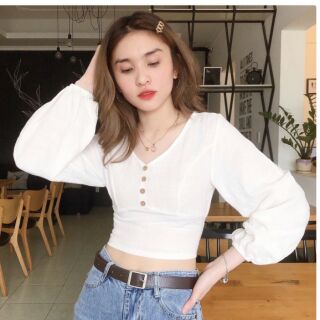 Áo croptop nữ tay dài bo phồng, cổ V siêu xinh, có ảnh chụp thật