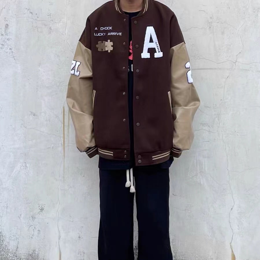 Áo khoác bóng chày vải len phối nhung dày tùy chọn màu sắc và họa tiết retro thời trang cho nam