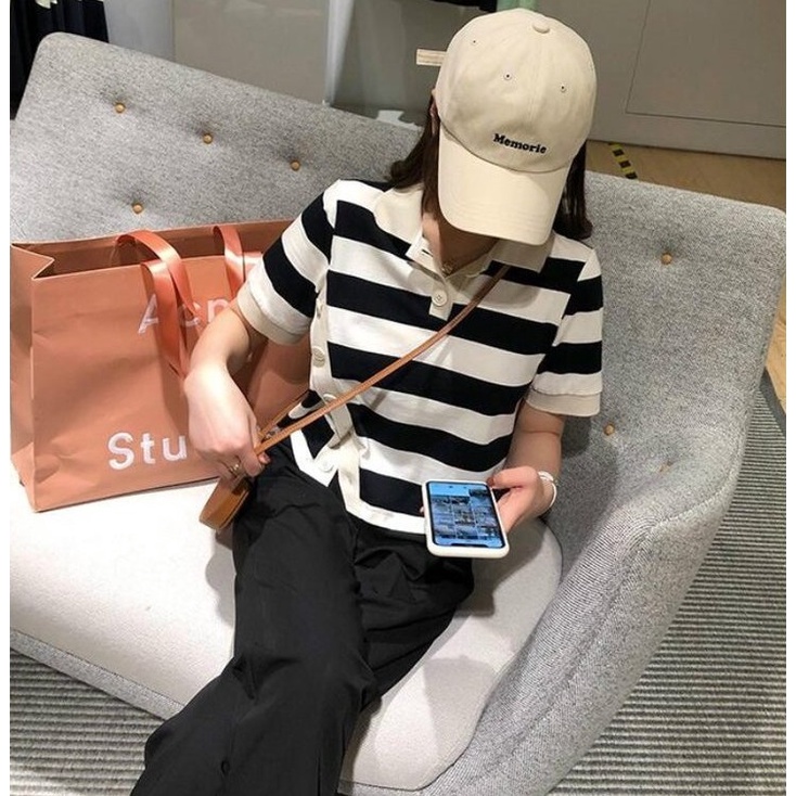 Áo Thun POLO Dệt Kim Tay Ngắn Dáng Rộng Kẻ Sọc Cá Tính