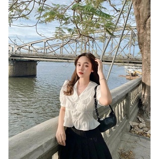 Anu777 - áo sơ mi nữ trắng cổ sen bèo tay bồng