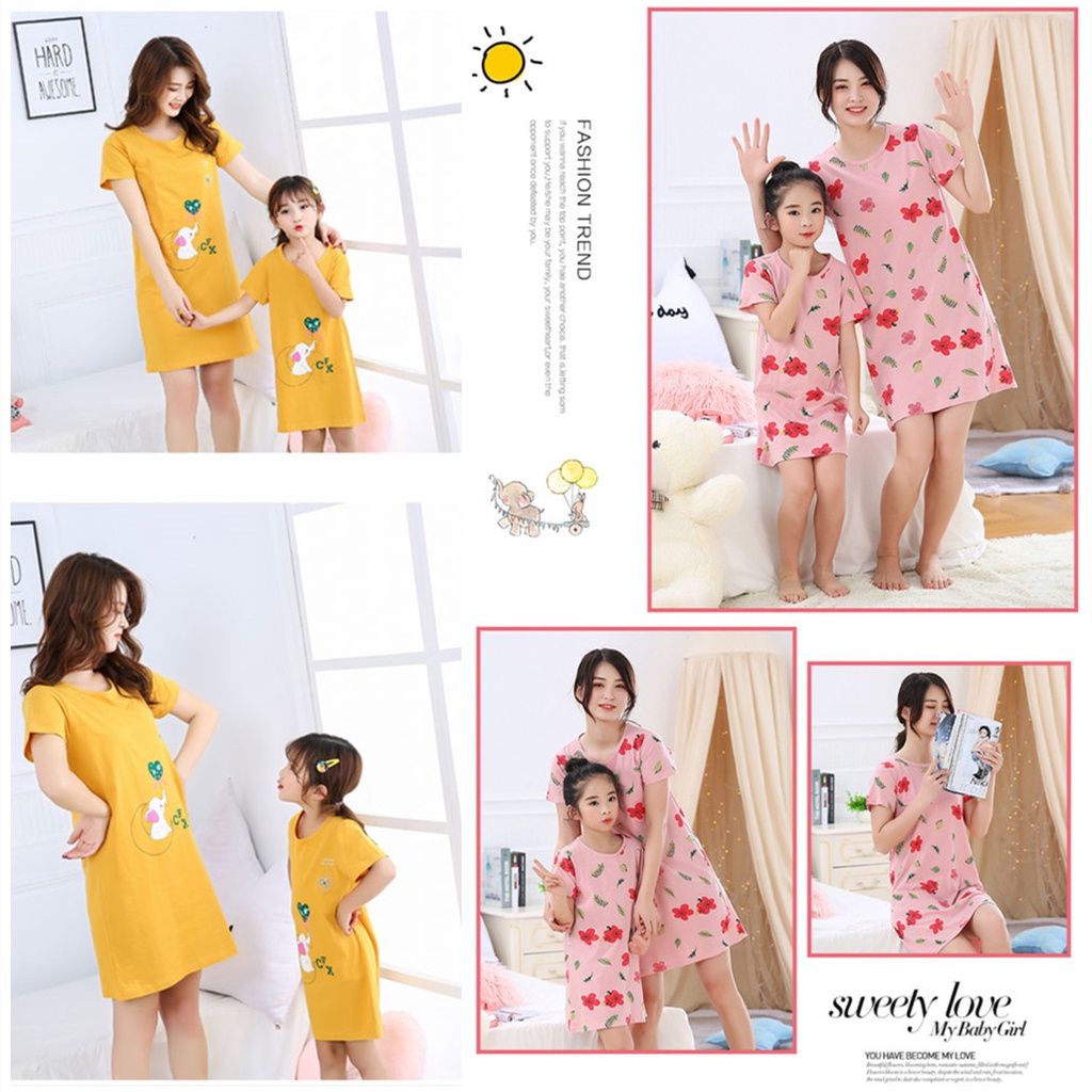 Đầm Ngủ Tay Ngắn Chất Liệu Cotton Thời Trang Xuân Hè Cho Mẹ Và Bé Kích Thước 100-180cm