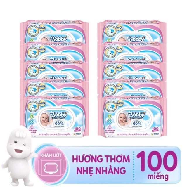 Miễn phí ship- Combo 10 gói khăn ướt Bobby ko mùi 100 tờ mới- Khăn giấy ướt diệt khuẩn Bobby mới