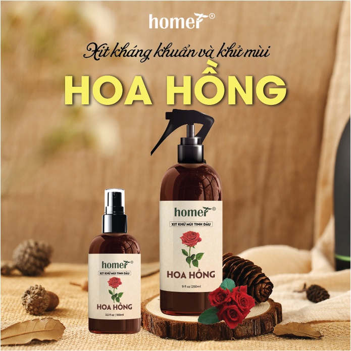 Xịt khử mùi tinh dầu Hoa hồng Homer Thiên nhiên - Dung tích 100ml/250ml