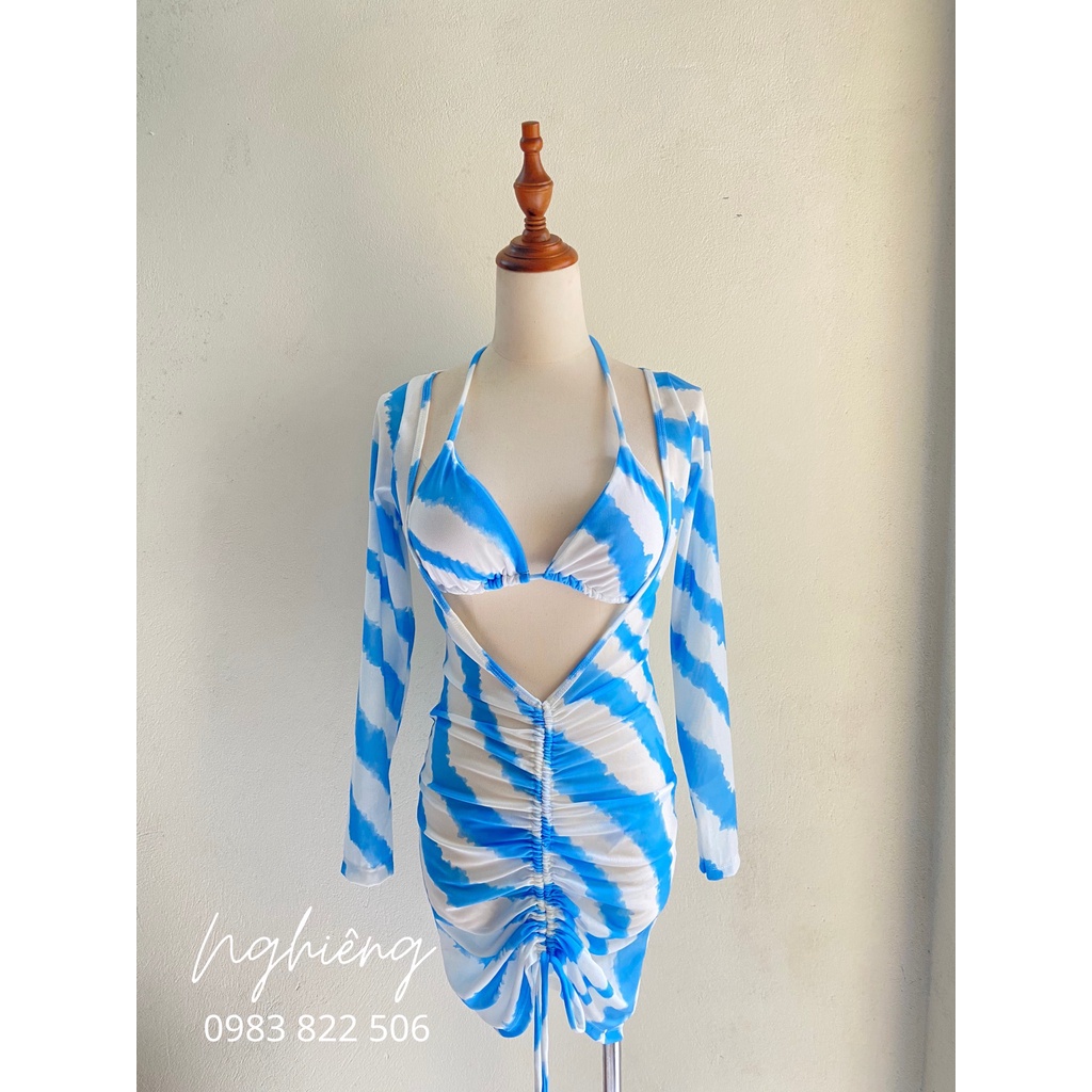 Đồ bơi nữ, bikini xanh dương sóng loang