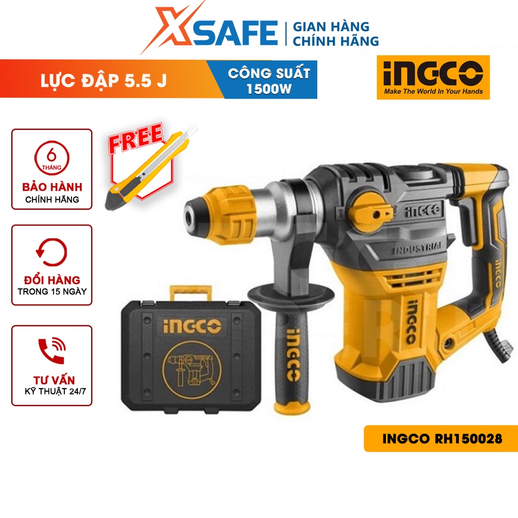 Máy khoan đục bê tông INGCO RH150028 - 3 chức năng 1500W, tốc độ không tải 850rpm, tốc độ đập 4400bpm