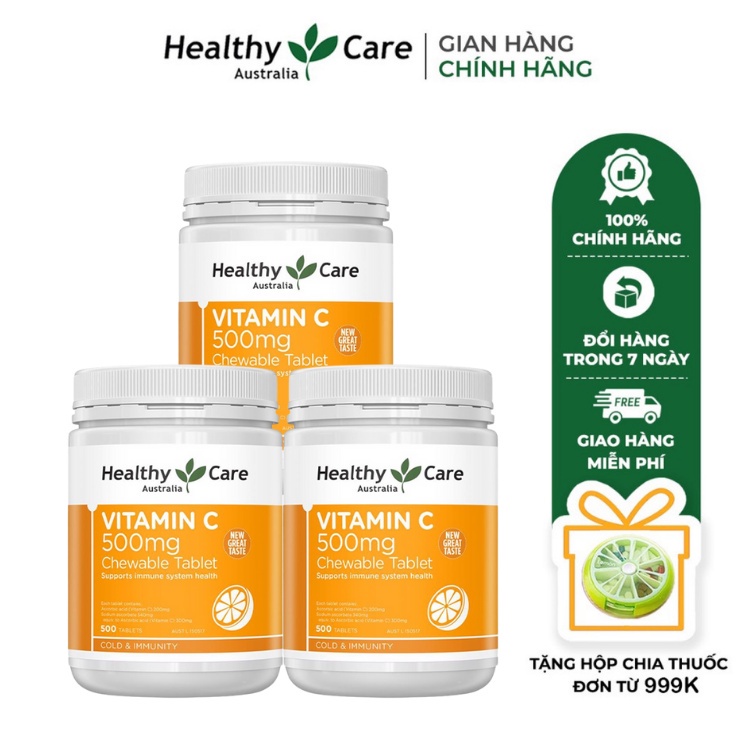 Combo 3 hộp Viên Nhai Healthy Care Vitamin C 500 Viên Tăng Cường Đề Kháng Hỗ Trợ Sức Khỏe