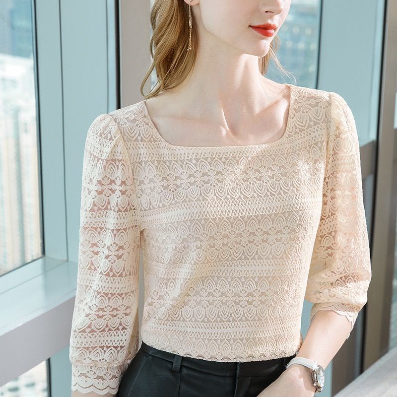 Áo Sơ Mi Nữ Tay 3/4 Cổ Vuông Phối Ren Thanh Lịch Hợp Thời Trang Mới