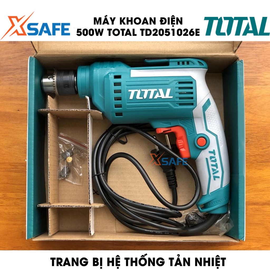 Máy khoan điện 500W TOTAL TD2051026E đảo chiều Máy khoan điện cầm tay tốc độ không tải 0-3300 vòng/ph, khoan tối đa 10mm