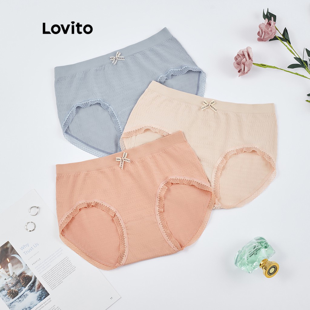 Lovito Bộ 3 chiếc Quần lót lưng cao bằng ren trơn tương phản L26AD140