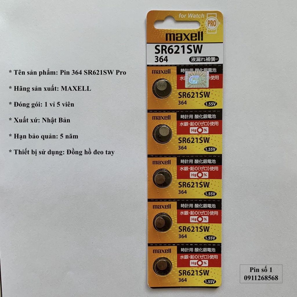Vỉ 5 viên Pin đồng hồ đeo tay 364 621 SR621SW Maxell Pro xuất xứ Nhật Bản