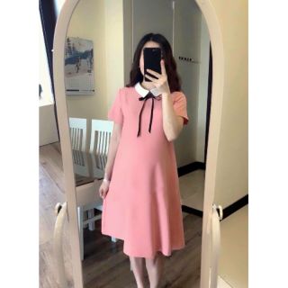Đầm bầu hồng cổ sơ mi trắng đính nơ