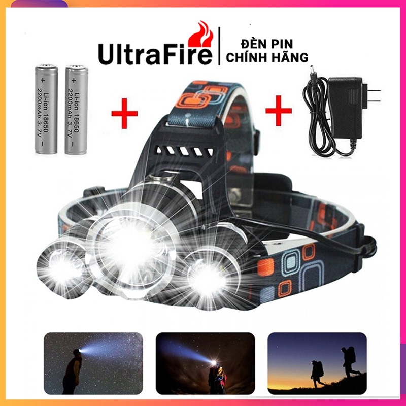 Đèn đội đầu siêu sáng * Đèn pin đội đầu 3 bóng led t6 siêu sáng * kèm 2 pin và sạc, chống nước - Bảo hành uy tín
