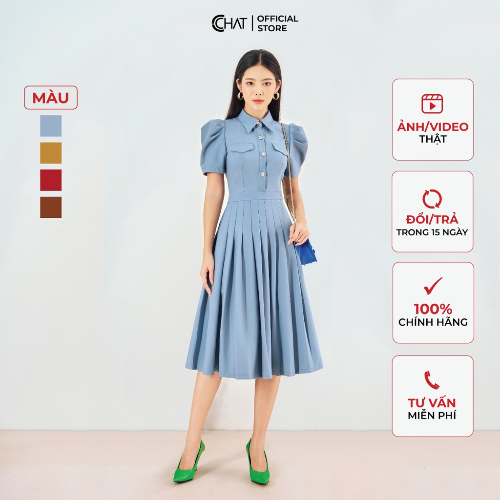 Đầm Nữ 𝐂𝐂𝐇𝐀𝐓 Kiểu Tay Cộc Xếp Ly Đuổi Chất Mango Phong Cách Trẻ Trung Thanh Lịch 12VNE2004YT