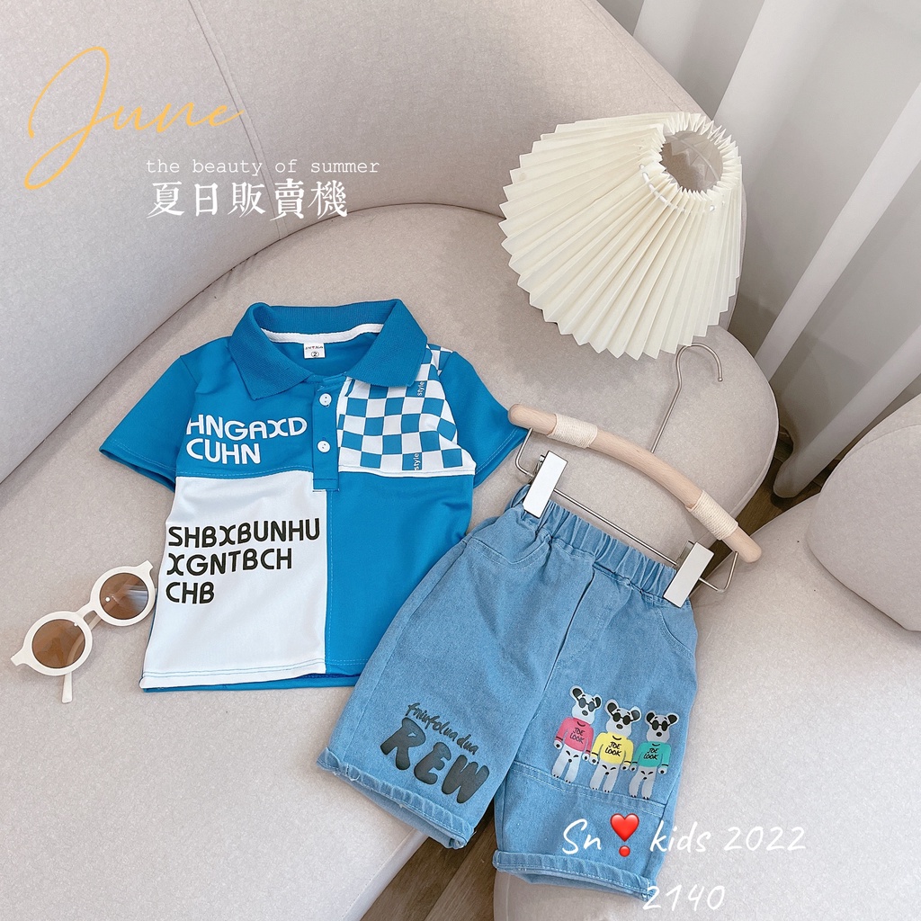 Bộ quần áo cộc tay bé trai kiểu dáng hàn quốc, set áo polo hoạ tiêt HNGAXI phối quần bò ngố cho bé size 10-32kg