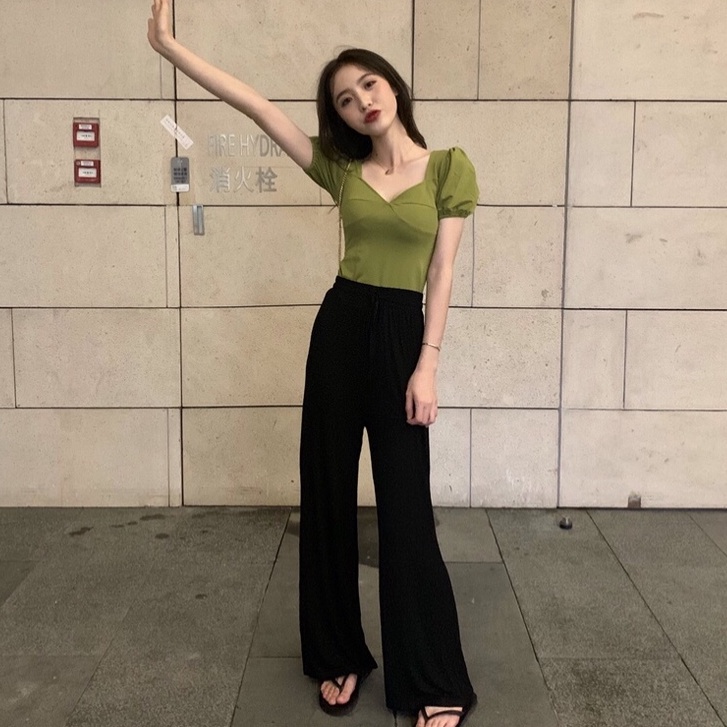 SUXI Set Áo Thun Tay Ngắn Phồng Cổ Chữ V Màu Sắc Đơn Giản + Quần Dài Lưng Cao Ống Rộng Thời Trang Cho Nữ
