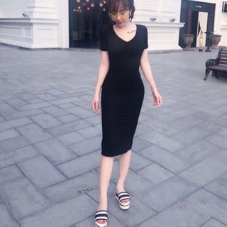 Váy Body Xẻ Tà Thun Gân Cổ Tim