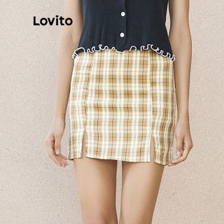 819 VN Delisted Chân váy Lovito xẻ tà họa tiết sọc caro nhiều màu L02096 (Brown)