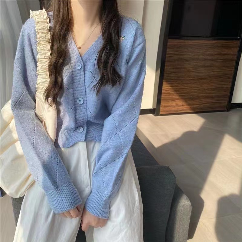 Áo Khoác Cardigan Dệt Kim Dáng Rộng Ngắn Thêu Họa Tiết Kiểu Retro Hàn Quốc Xinh Xắn Cho Nữ