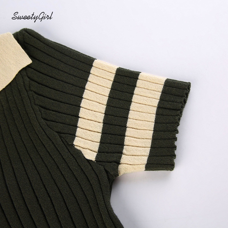 Áo Thun Tay Ngắn Cổ Chữ V Họa Tiết Kẻ Sọc Màu Xanh Lá Tương Phản Thời Trang 2022 Dành Cho Bạn Nữ