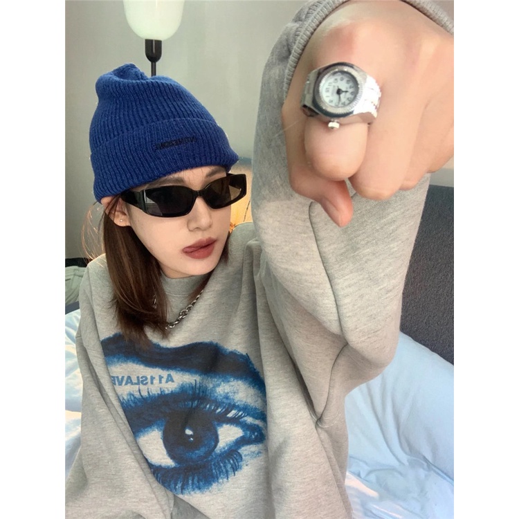 QKOOLE  Áo Hoodie Tay Dài Cổ Tròn In Họa Tiết Phong Cách Hàn Quốc Cho Nữ