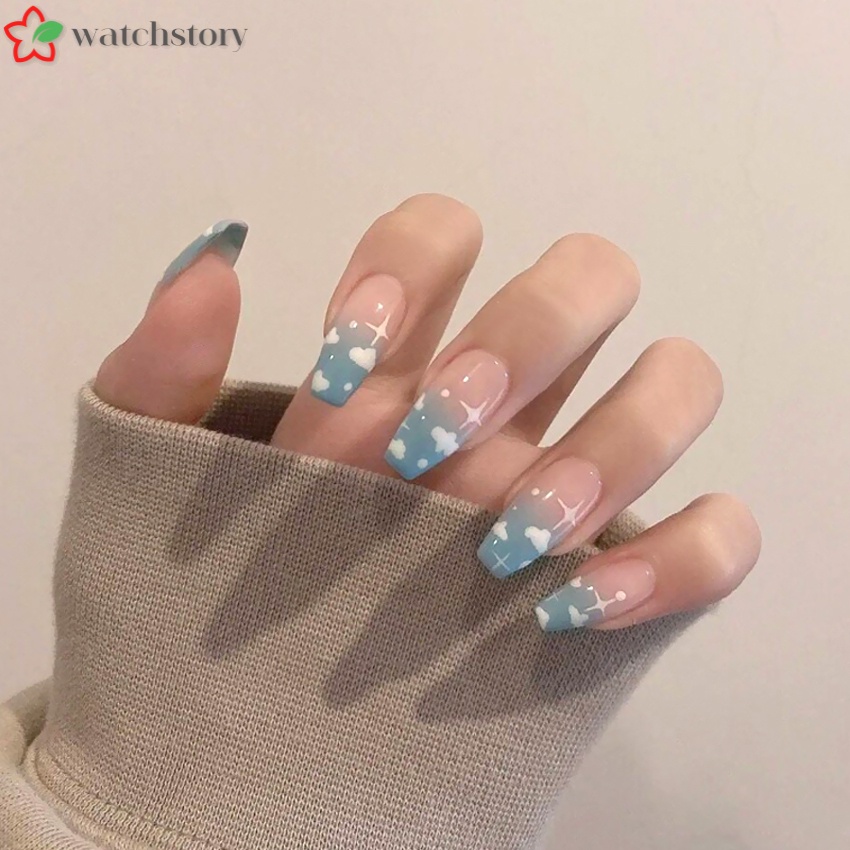Bộ 24 Móng Tay Giả Dáng Dài Màu Xanh Dương Và Đám Mây Thời Trang Cho Nữ