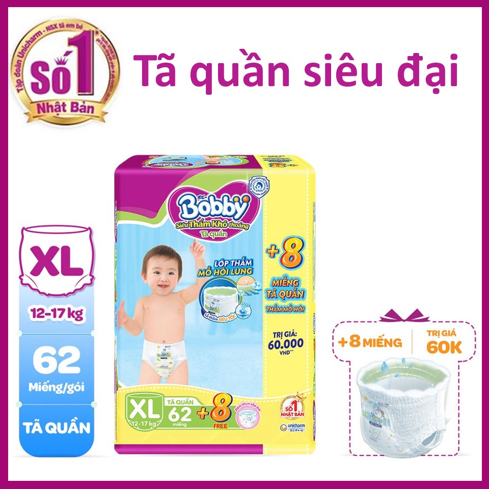 Tã quần Bobby Siêu cực đại 62 miếng tặng thêm 8 miếng Jumbo XL62+8