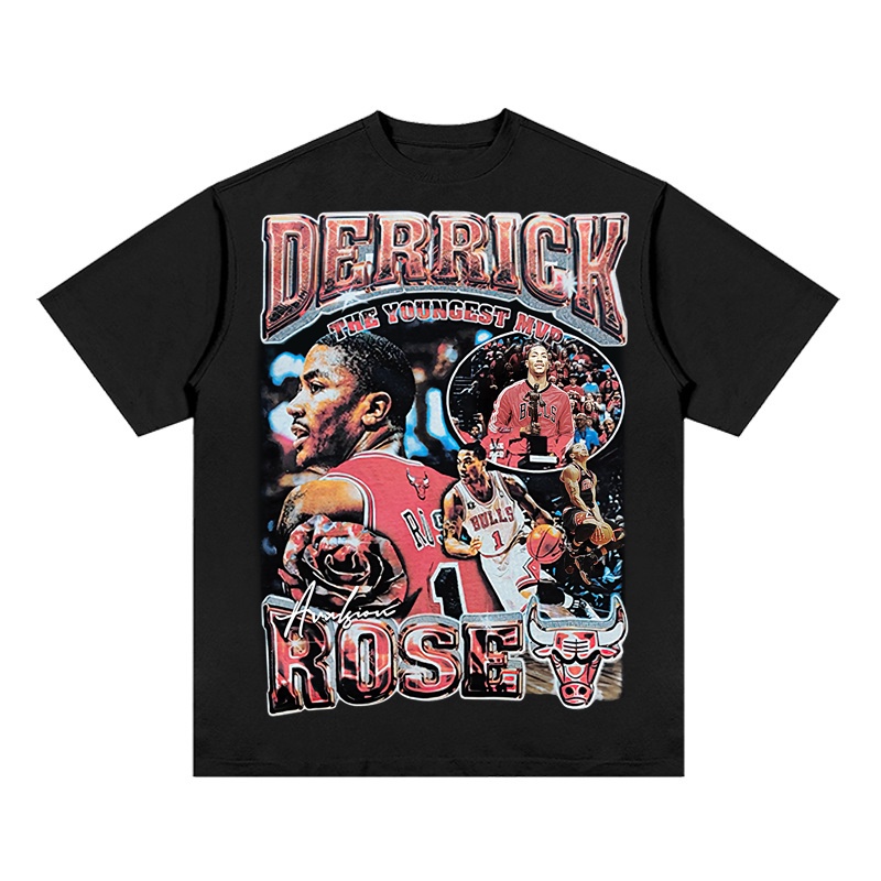Áo Thun Vintage Derrick Rose 100% Cotton Tay Lỡ Unisex - Đen/Trắng Cổ Tròn | Blackwork