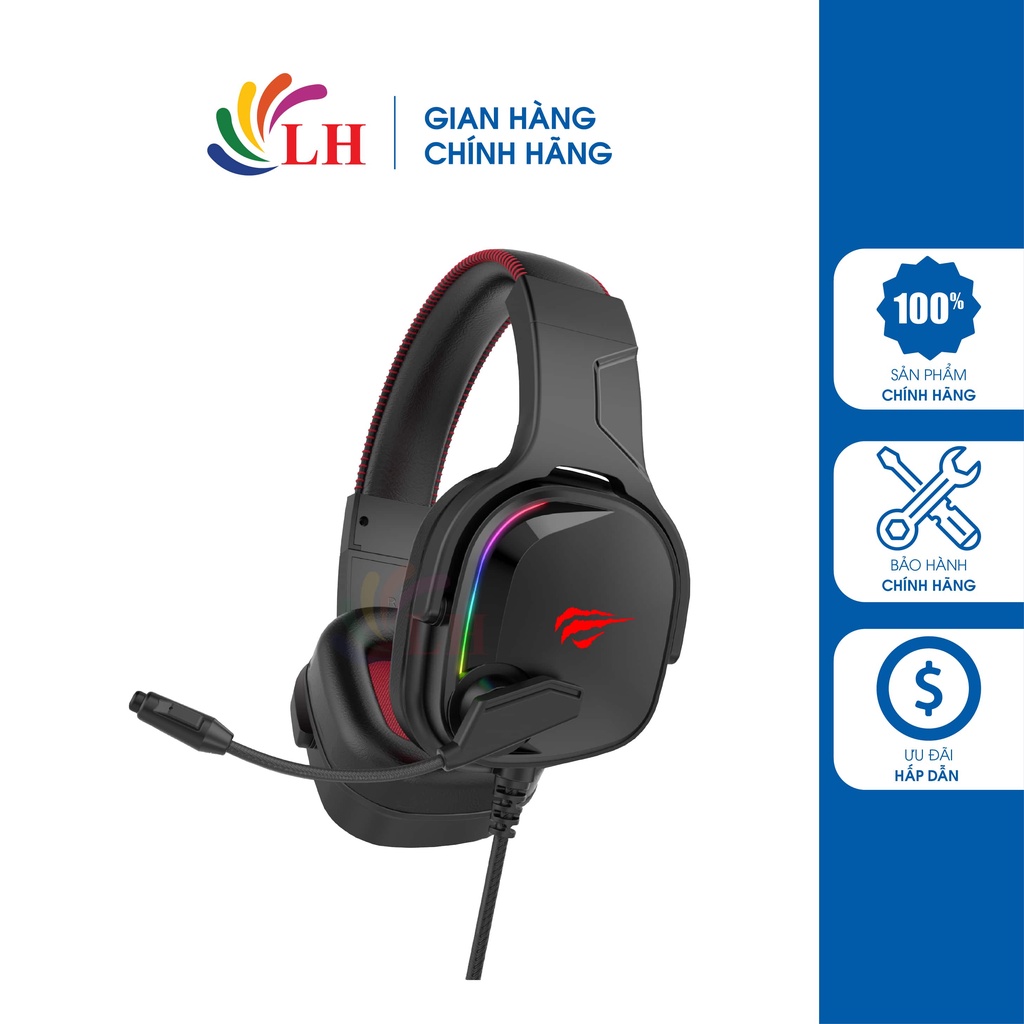 Tai nghe chụp tai có dây Gaming Havit H2022U - Hàng chính hãng - LED RGB 2 bên tai, kiểu dáng tối giản, âm thanh 7.1