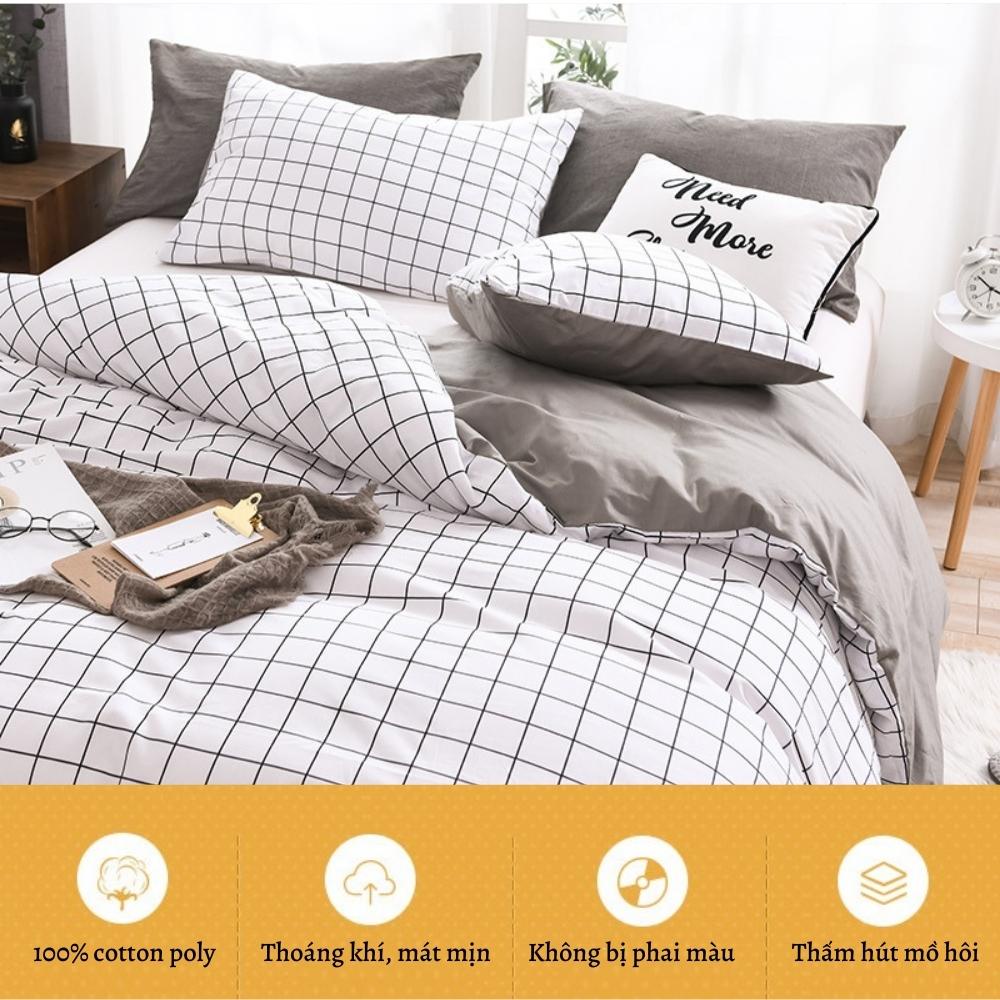 Bộ 4 món chăn ga gối drap giường cotton poly thoáng mát họa tiết caro trắng Otama Bedding miễn phí bo chun ra nệm