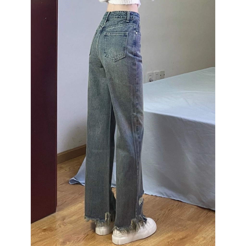 Quần Jean Lưng Cao Ống Suông Rộng Phối Rách Size Xs-2XL Phong Cách retro Mỹ Cho Nữ