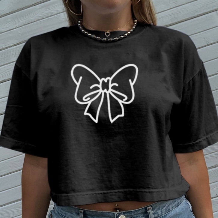 Trẻ Trung thời trang Nơ dạ quang trong bóng tối crop top phụ nữ áo thun đen cổ tròn cặp đôi