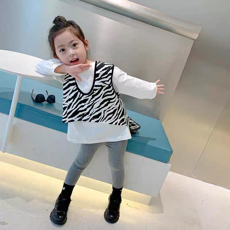 Đồ bộ bé gái, Set thu 3 chi tiết gồm áo phông dài tay, quần dài legging chất thun nỉ và áo kiểu gilê sọc vằn size 7-18kg