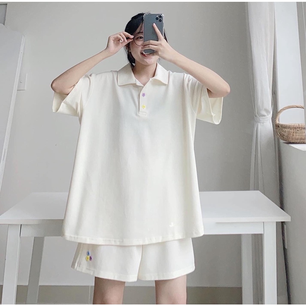 Đồ Bộ Nữ Cá Tính 3 Màu Xanh Trắng Đen Set Bộ Quần Short Áo Thun Nữ Fom Rộng Đính Nút Siêu Dễ Thương NOAL 8128 Và 10029
