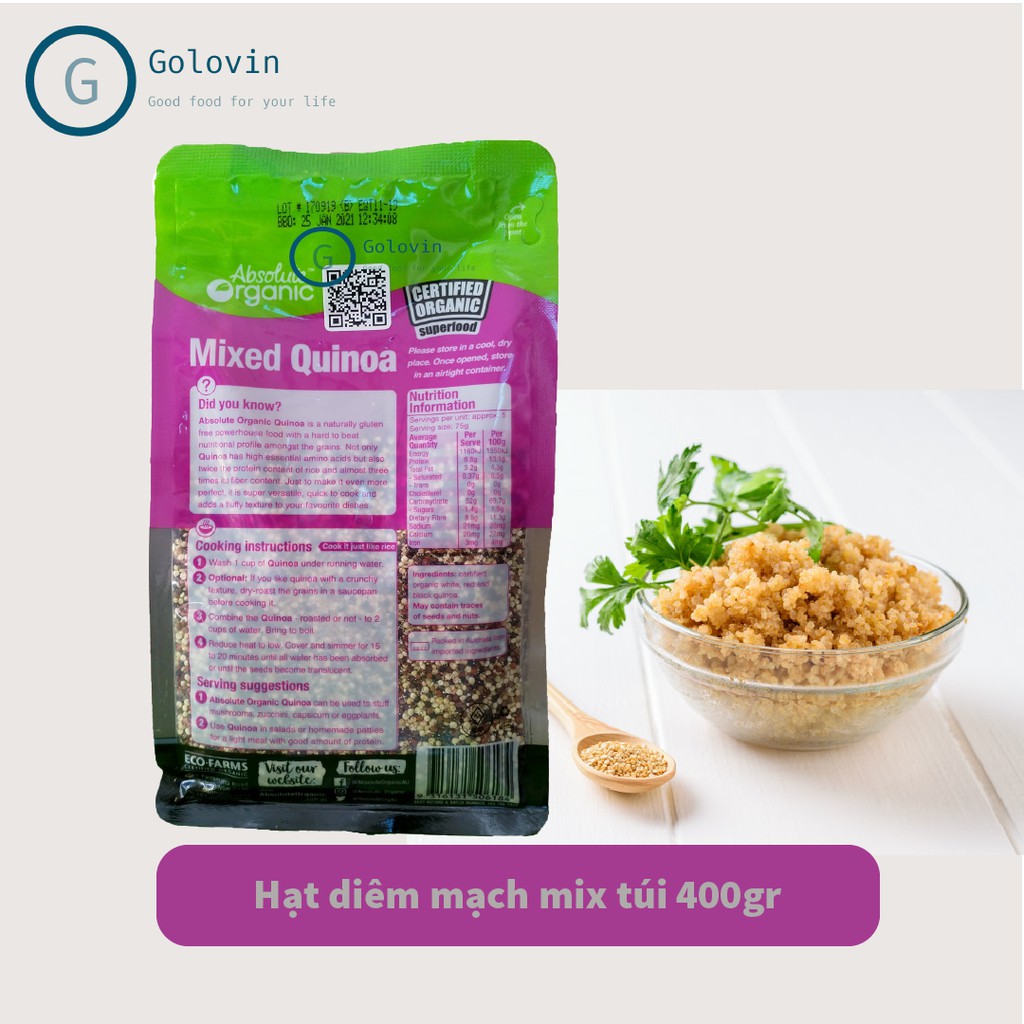 Hạt diêm mạch Quinoa mix 3 loại Absolute Organic túi 400gr cung chất chất xơ, protein giảm cân, bé ăn dặm Golovin Shop | BigBuy360 - bigbuy360.vn