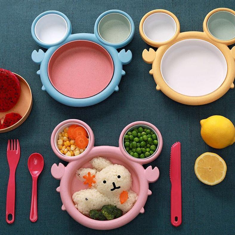 Khay-Bát-Chén ăn dặm lúa mạch nhiều ngăn-Nhiều mẫu mới-Hình Ô tô-Gấu-Cua-Giúp bé ăn ngon hơn-Làm từ bột cây lúa mạch