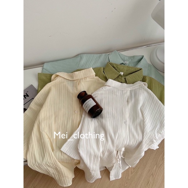 Áo sơmi gân tay lỡ xẻ lưng cách điệu, sơ mi nữ gợn sóng buộc nơ lưng A4