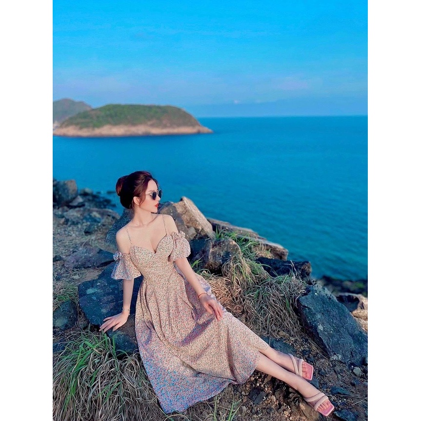 Đầm đi du lịch midi dáng dài bẹt vai hoa nhí hai dây dễ thương hai màu