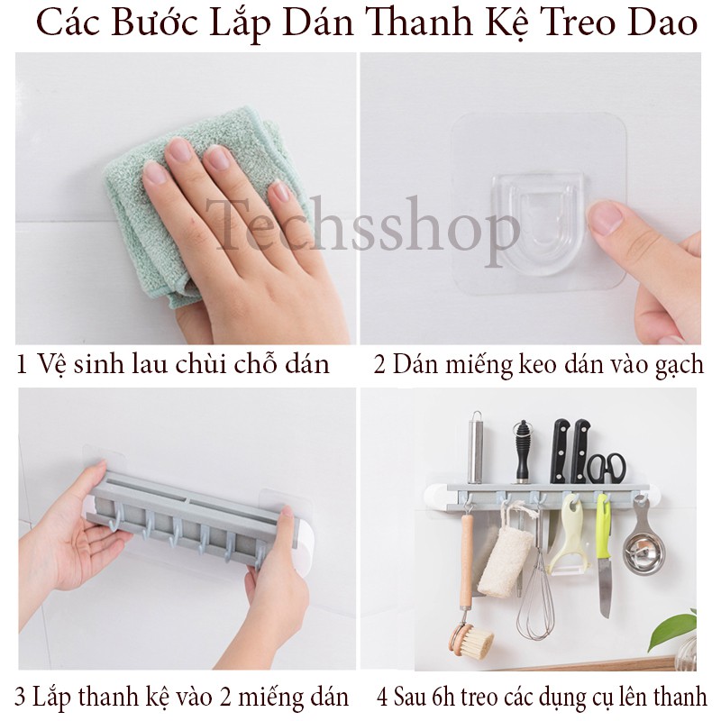 Kệ Nhựa Dán Tường Để Dao Kéo Kèm Theo 6 Móc Treo Tiện Lợi - Kệ Nhà Bếp Treo Vật Dụng Dài 34cm