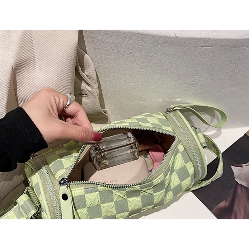 Túi đeo vai IELGY thiết kế hình trụ họa tiết sọc ca rô thời trang trẻ trung dành cho nữ