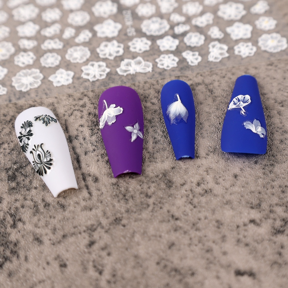 [Hàng mới về] Tờ miếng dán trang trí móng tay họa tiết hoa ren dập nổi 5d màu trắng